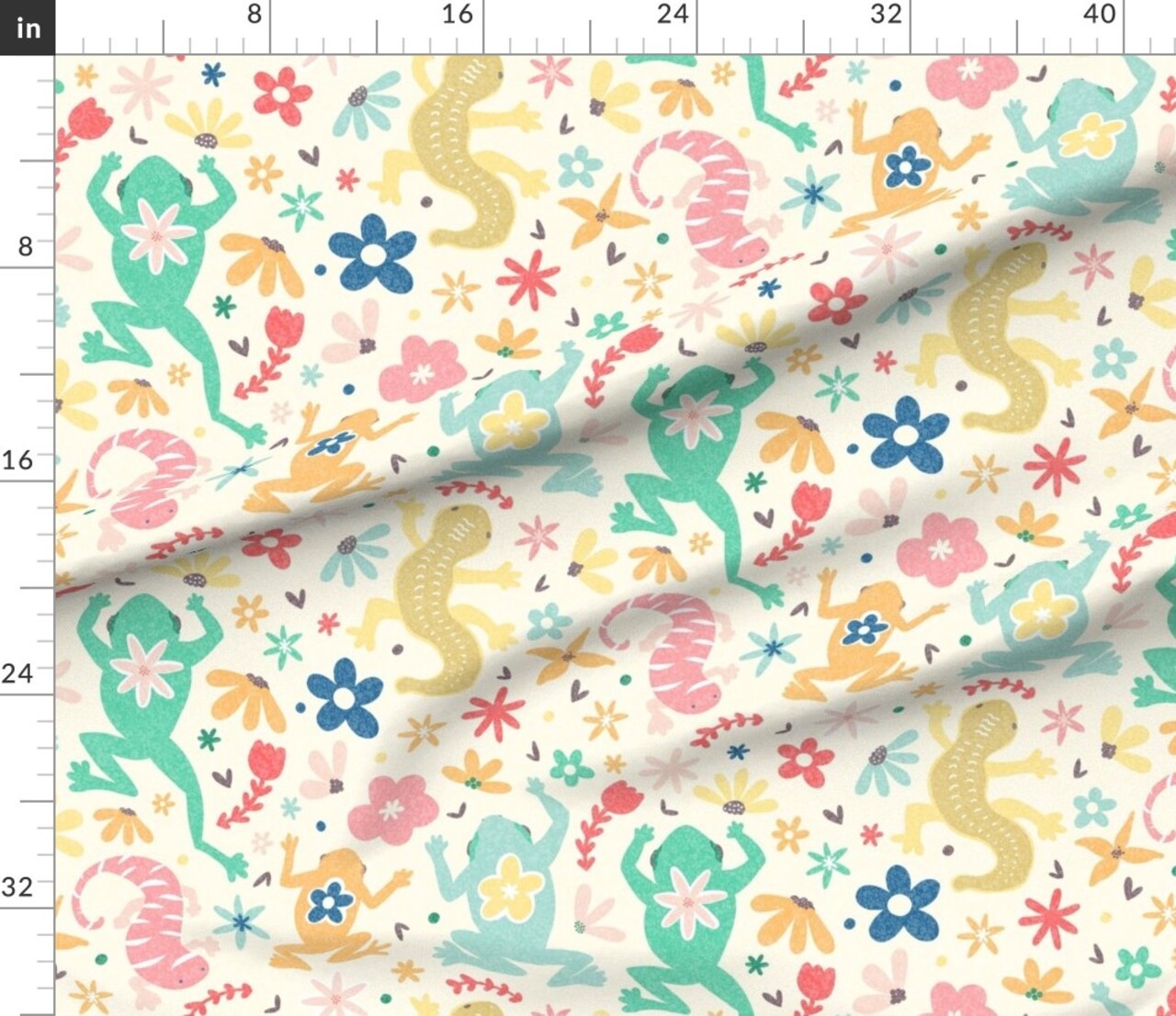 Pastel Frog Salamander Multicolor Whimsical Nature Newts Lizards Cartoon Yellow Green Orange Red Blue Custom Printed Fabric by Spoonflower Various Fabrics by the Yard or Fat Quarter